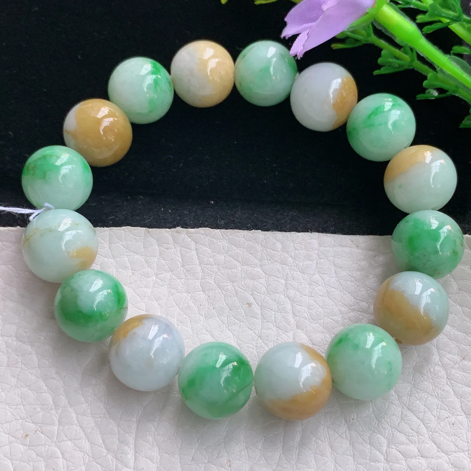 ss自然光13.3mm天然缅甸翡翠a货黄加绿水润圆珠玉手链  玉手串