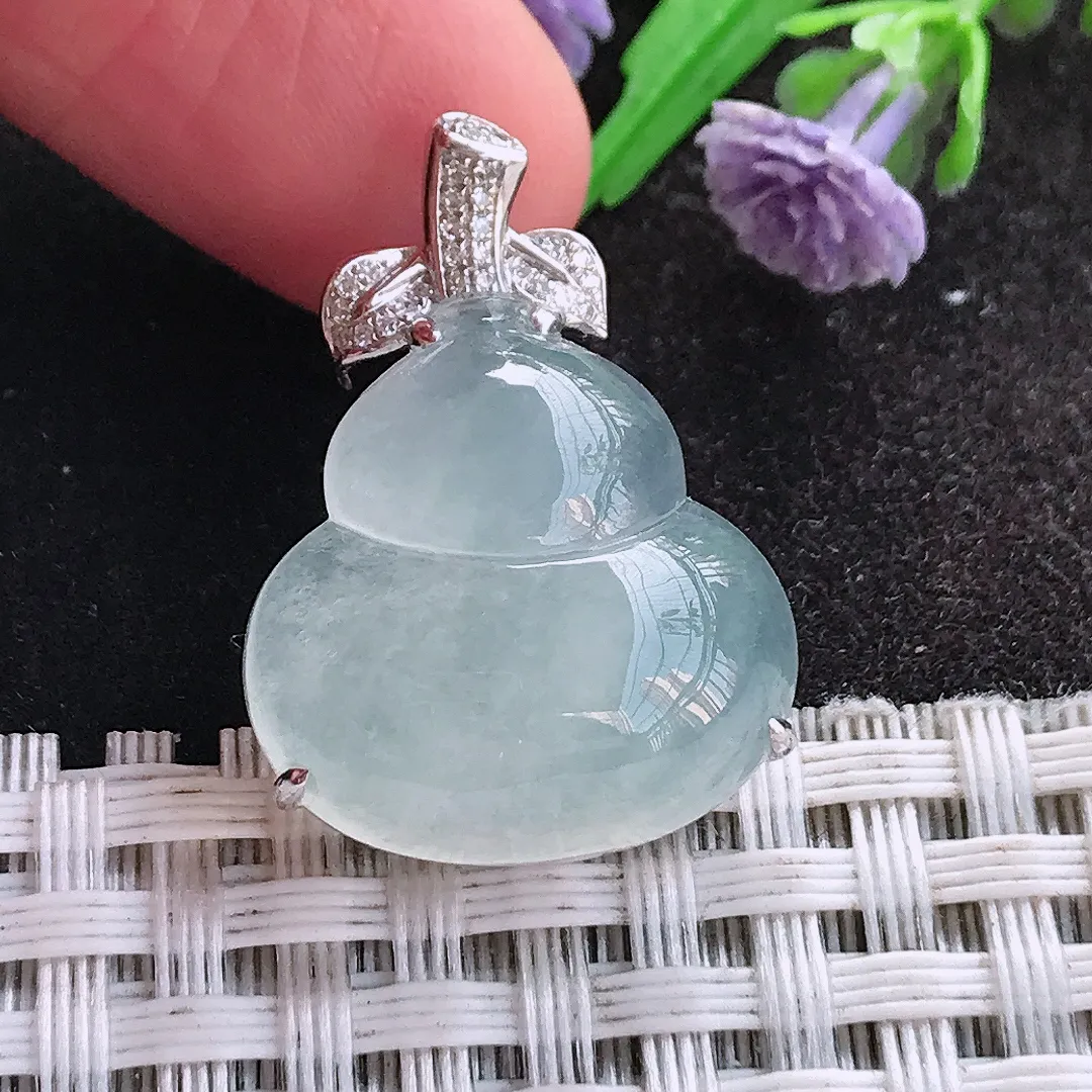 天然A货翡翠26.7/19.5/8.3老坑18k金镶嵌冰种葫芦吊坠翡翠玉挂件