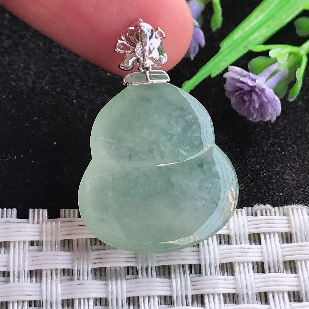 天然A货翡翠23/20.7/6.1老坑18k金镶嵌冰透起胶冰晴绿葫芦吊坠翡翠玉挂件