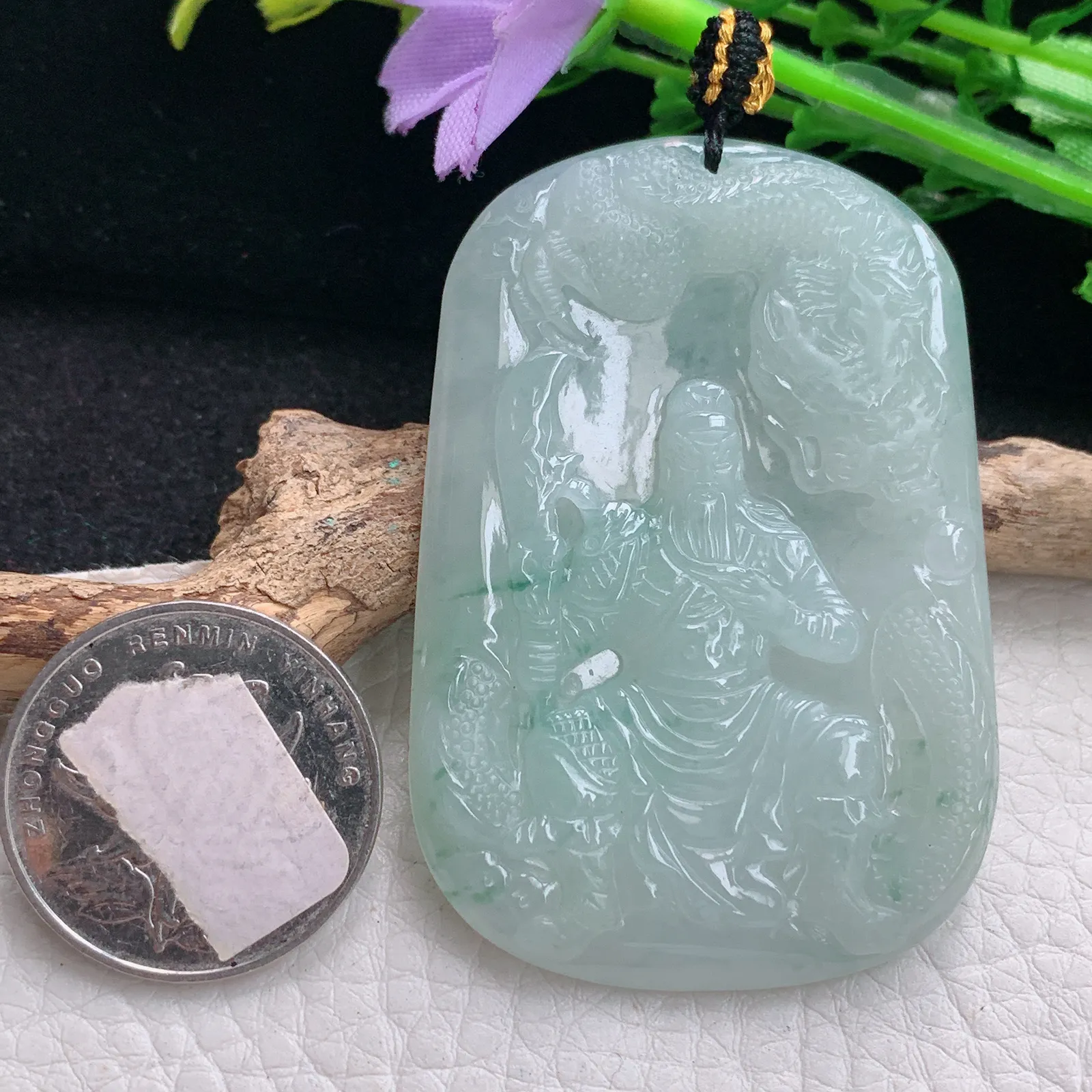 kh实拍57.8*39.5*5.2缅甸翡翠飘花御龙关公 玉观音玉吊坠 玉挂件