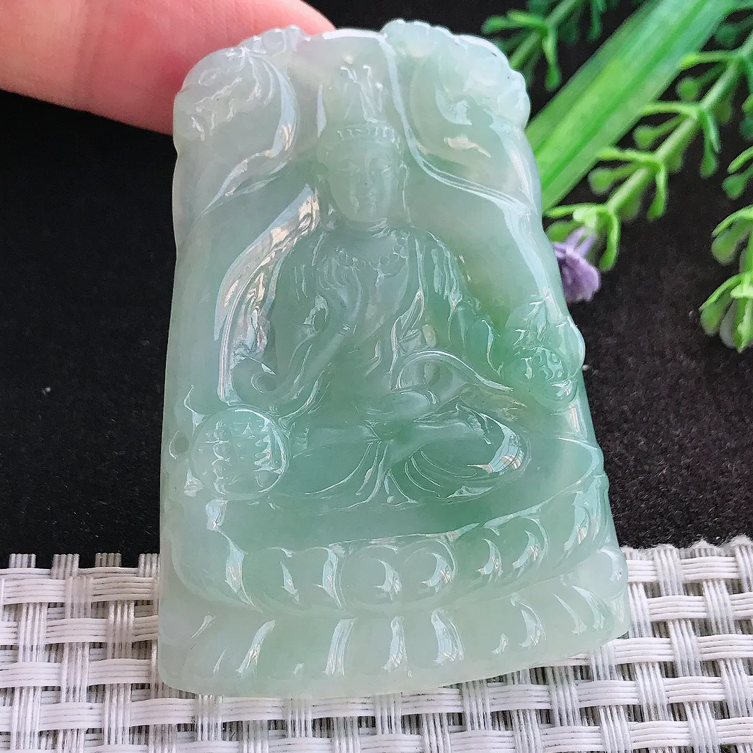 天然A货翡翠62/44.5/6老坑冰润起胶冰晴绿大势至菩萨吊坠翡翠玉挂件