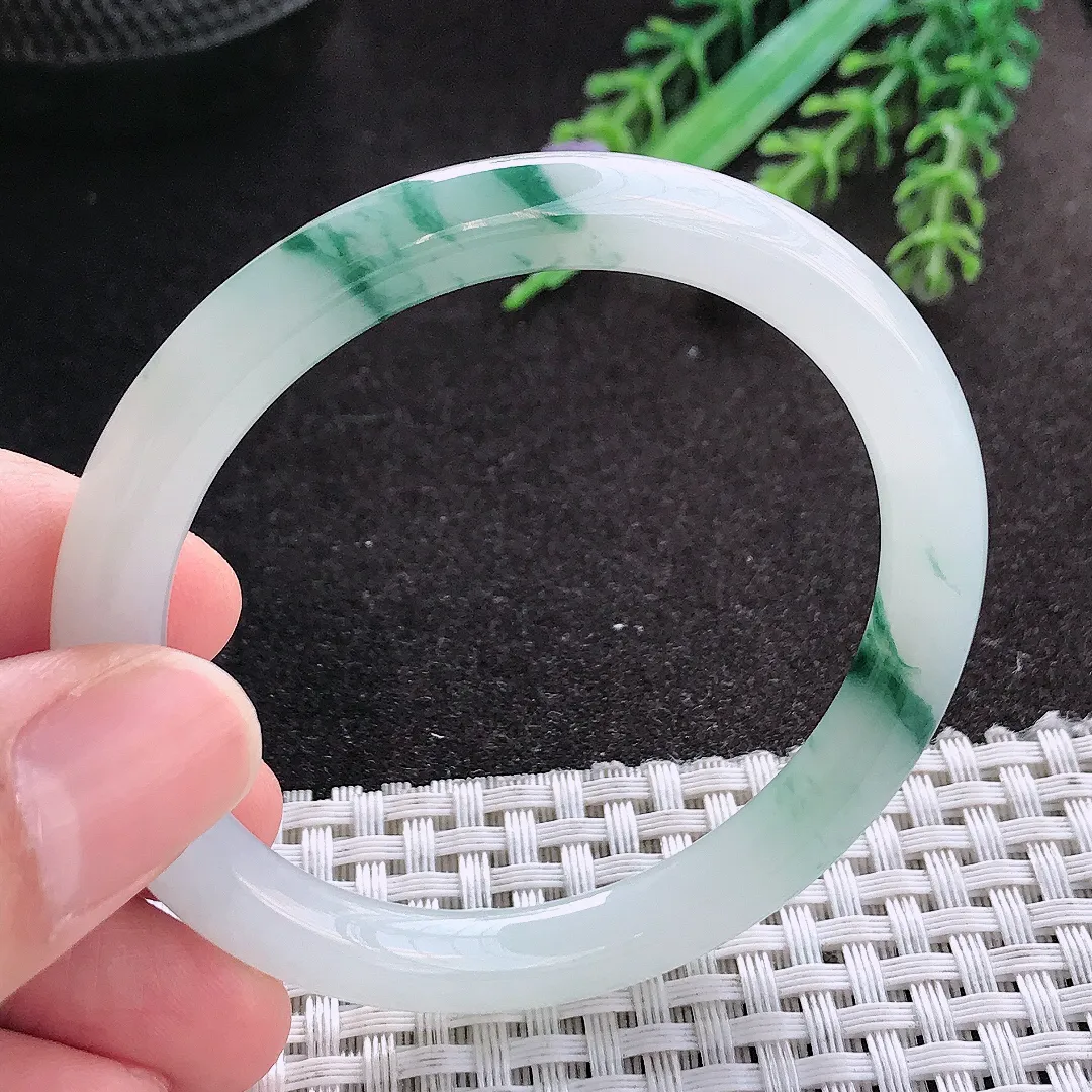 天然A货翡翠51.5/7.4/7.6老坑冰润起胶飘花圆条手镯小圈口细条玉镯