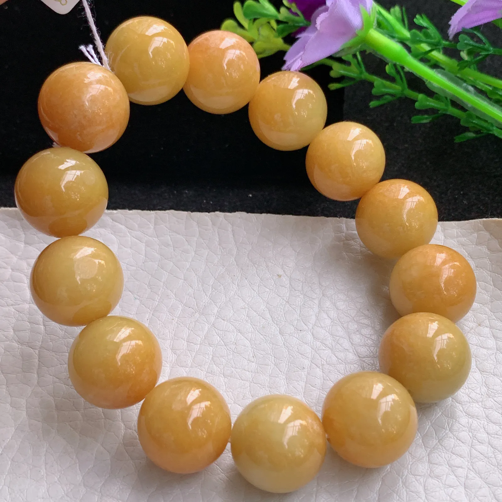 ss自然光16.3mm天然缅甸翡翠a货大颗粒黄翡水润圆珠玉手链  玉手串