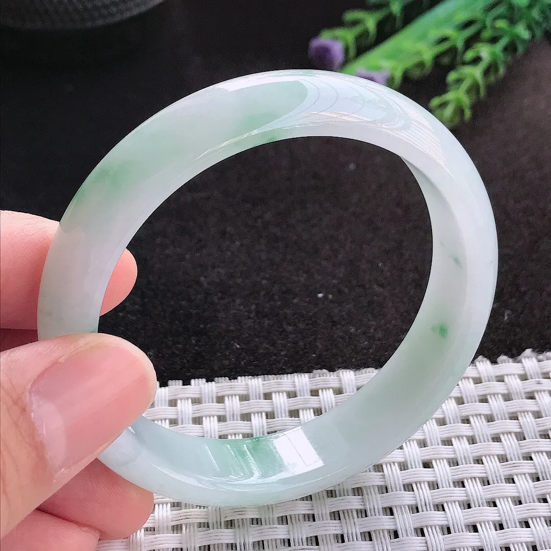 天然A货翡翠55/13.5/7.2老坑冰润水灵飘花手镯宽边玉镯