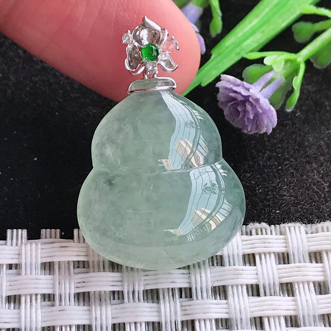 天然A货翡翠23/20.7/6.1老坑18k金镶嵌冰透起胶冰晴绿葫芦吊坠翡翠玉挂件