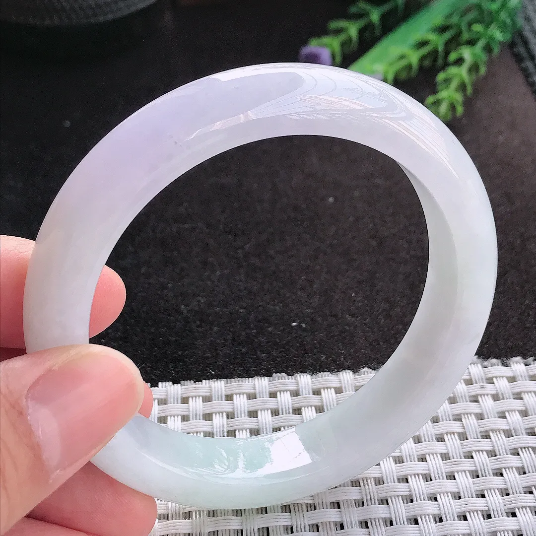 天然A货翡翠57/12.6/8.8老坑冰润起胶浅色紫罗兰手镯宽边玉镯