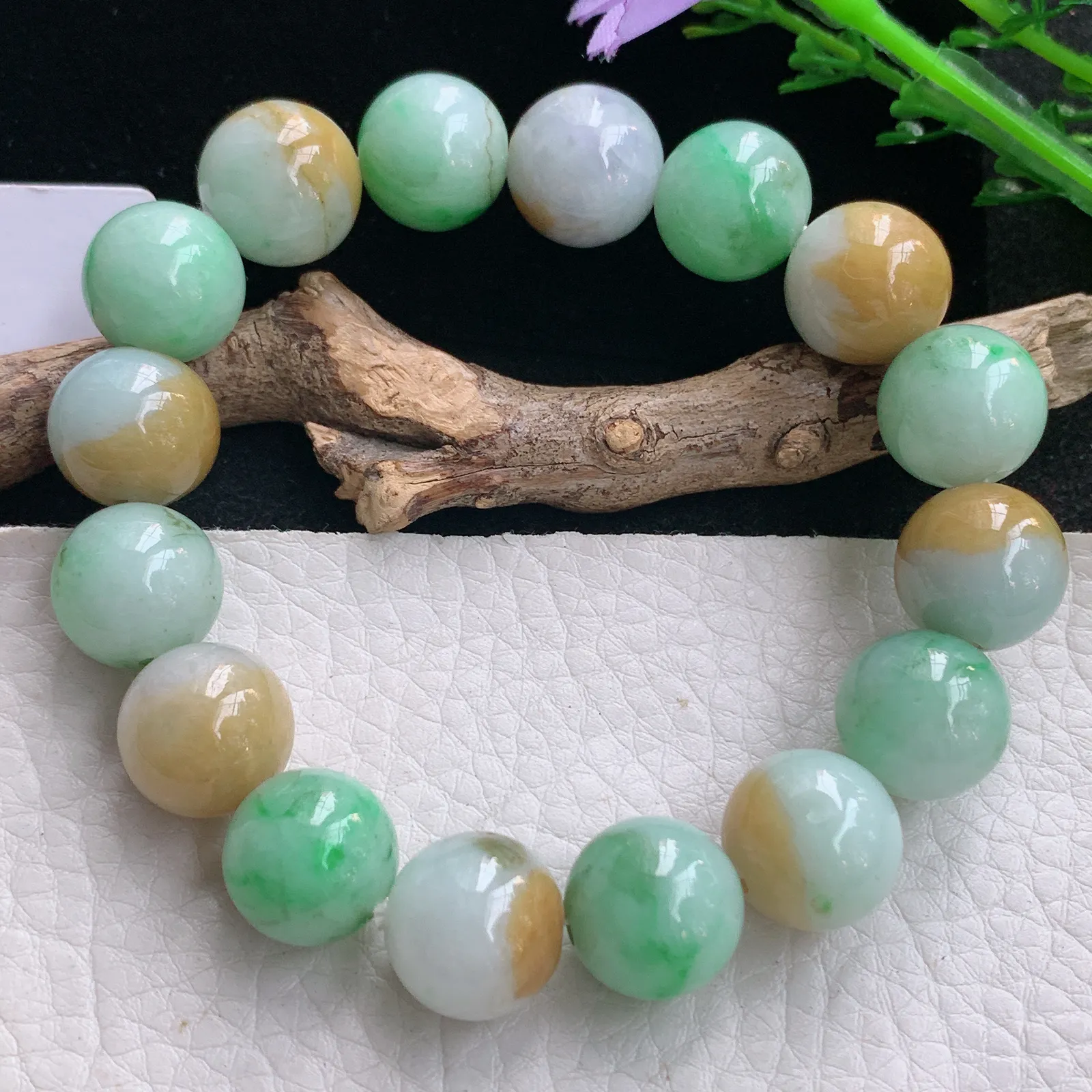 ss自然光13.3mm天然缅甸翡翠a货黄加绿水润圆珠玉手链  玉手串