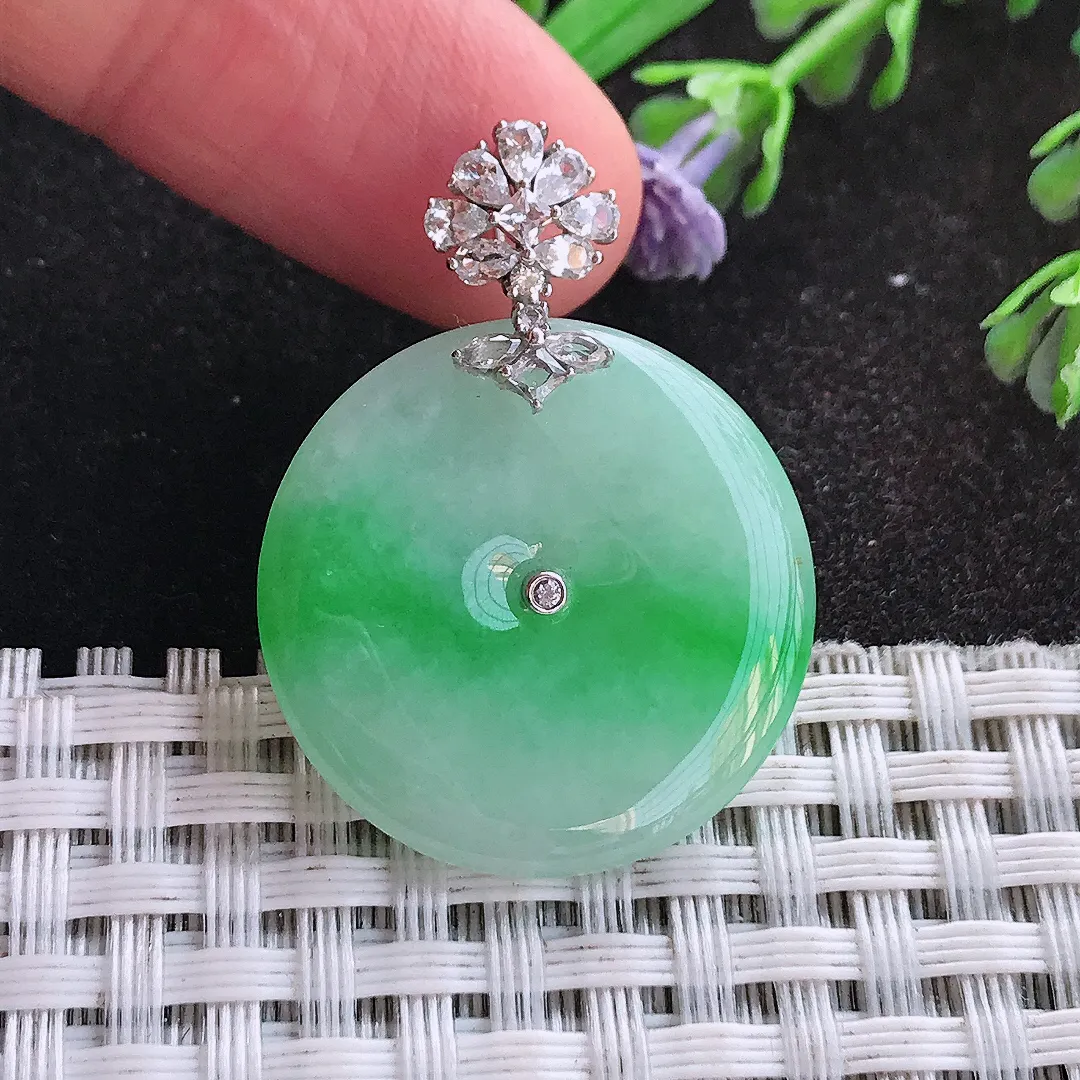 天然A货翡翠25.1/4老坑18k金镶嵌冰润飘阳绿平安扣吊坠翡翠玉挂件