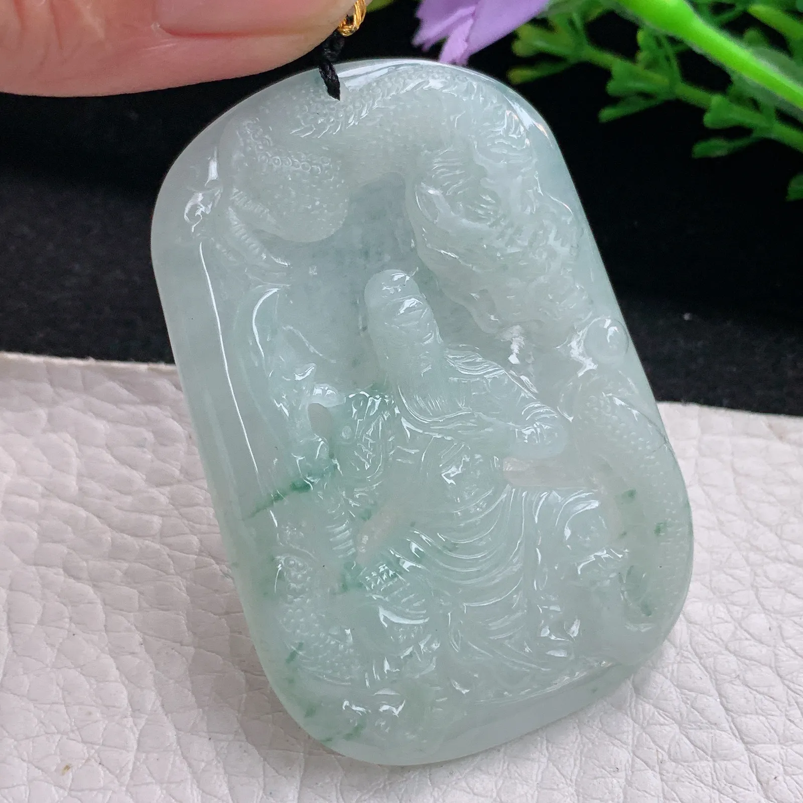 kh实拍57.8*39.5*5.2缅甸翡翠飘花御龙关公 玉观音玉吊坠 玉挂件