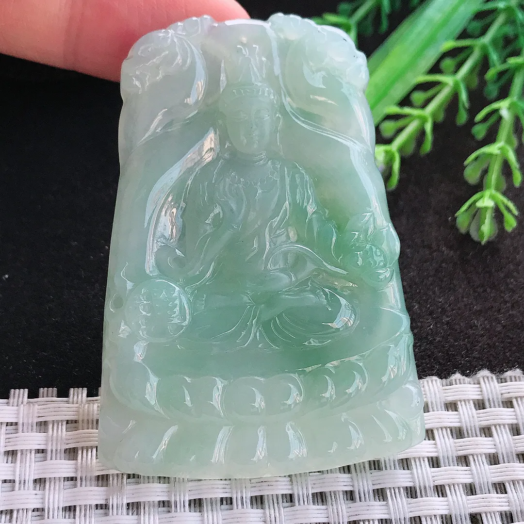 天然A货翡翠62/44.5/6老坑冰润起胶冰晴绿大势至菩萨吊坠翡翠玉挂件