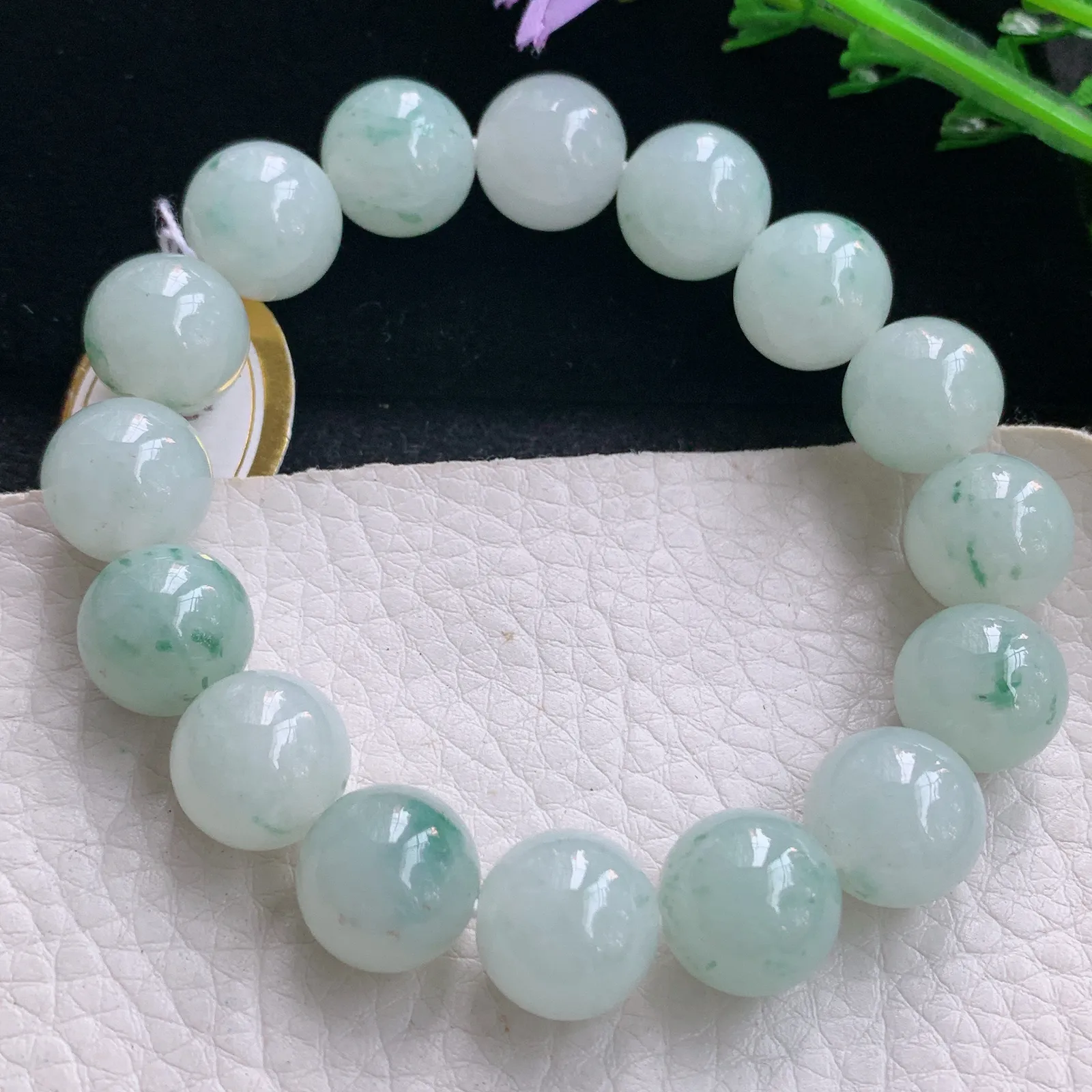 ss自然光12.6mm天然缅甸翡翠a货冰飘花圆珠玉手链  玉手串