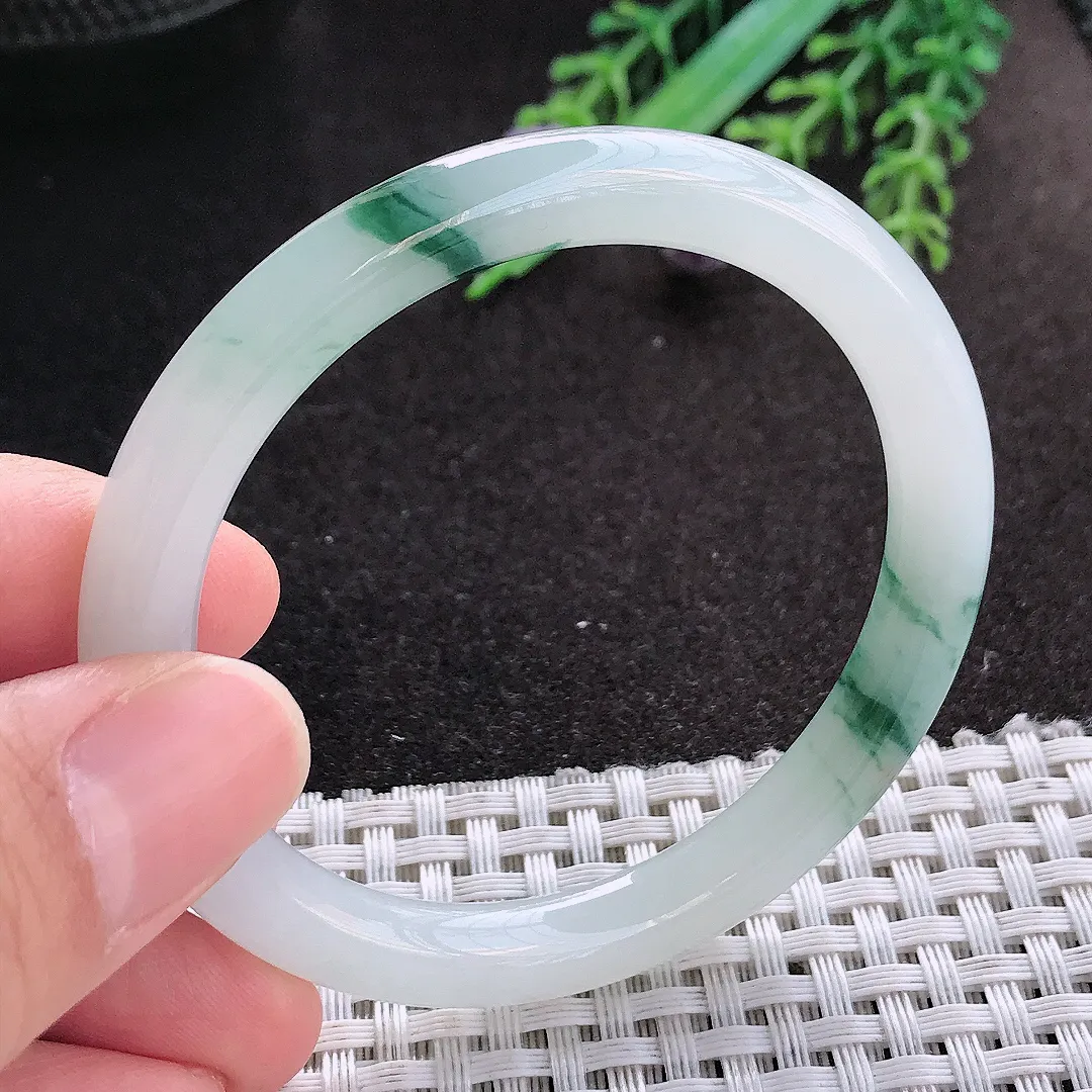 天然A货翡翠51.5/7.4/7.6老坑冰润起胶飘花圆条手镯小圈口细条玉镯