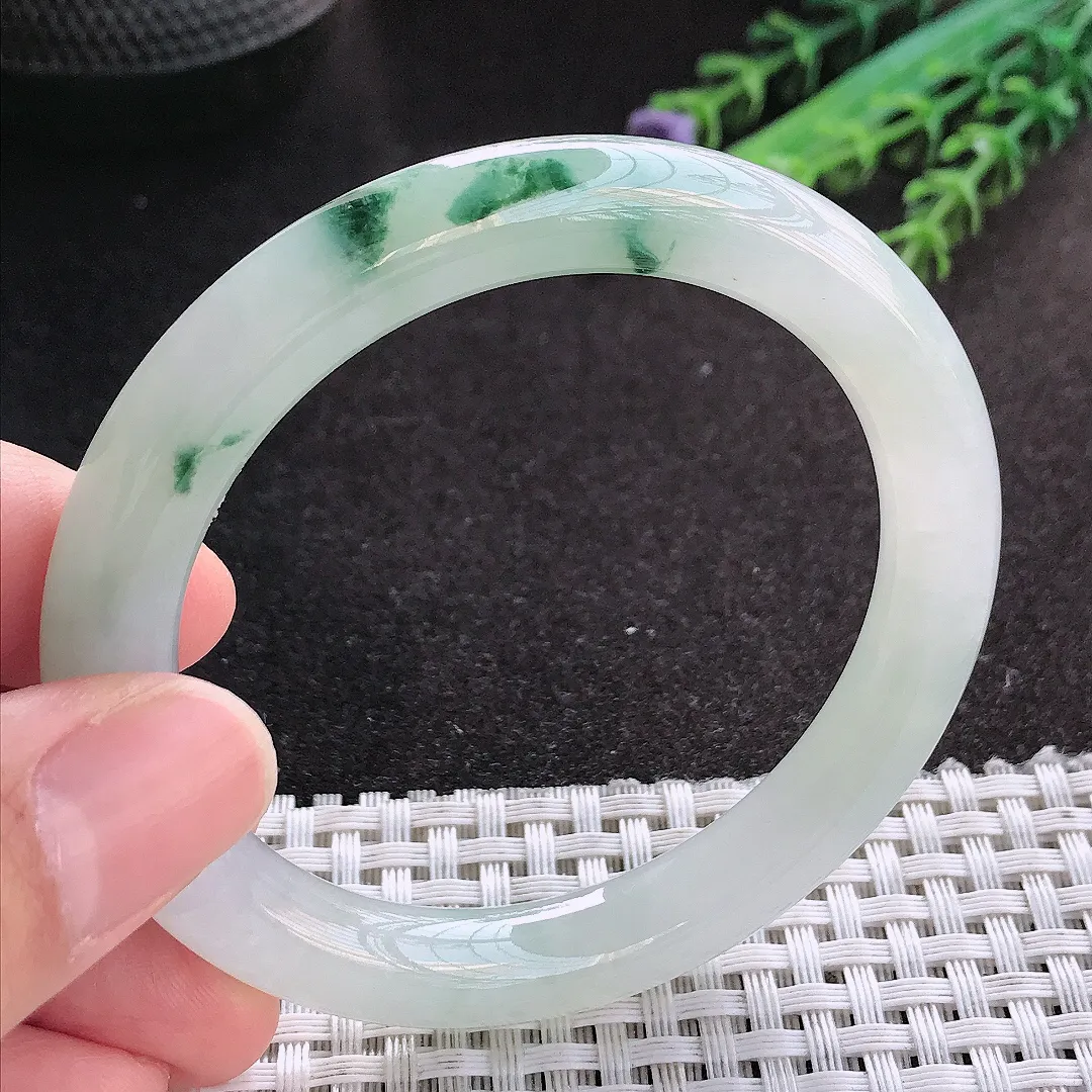 天然A货翡翠53.5/9.1老坑冰胶果冻飘花圆条手镯玉镯