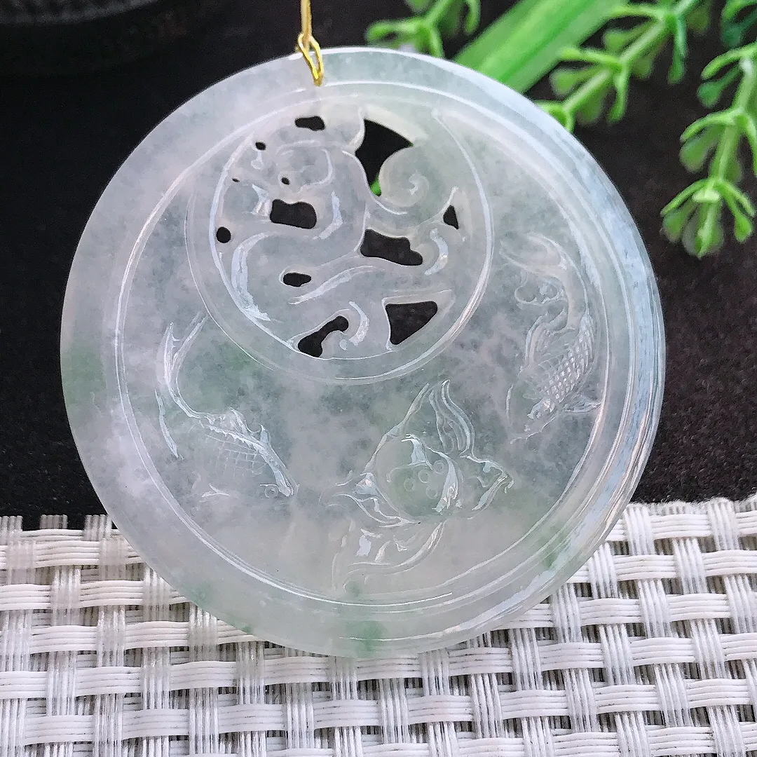 天然A货翡翠54.7/6老坑冰透果冻胶镂空连年有余吊坠翡翠玉挂件