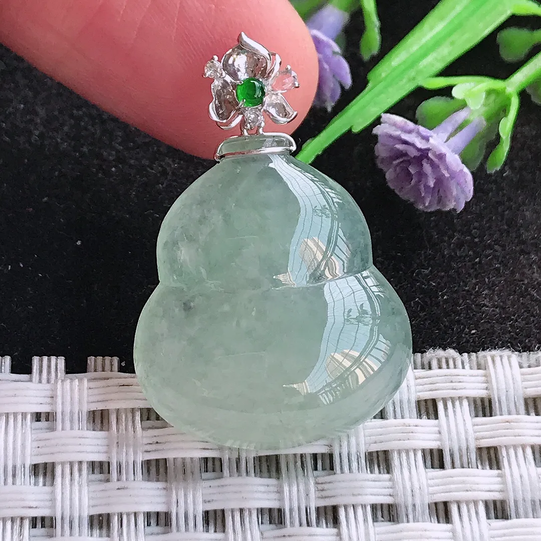 天然A货翡翠23/20.7/6.1老坑18k金镶嵌冰透起胶冰晴绿葫芦吊坠翡翠玉挂件
