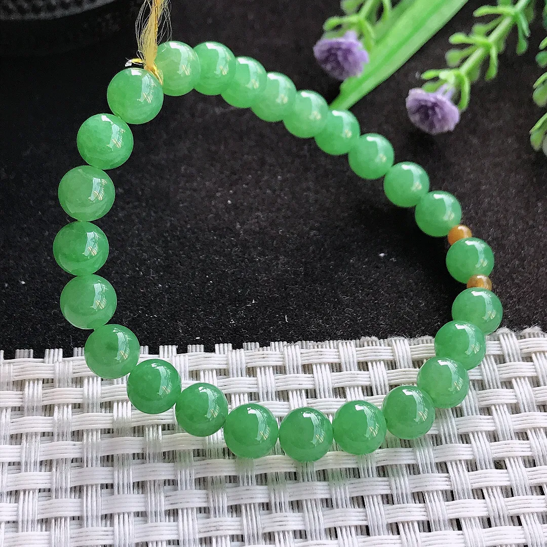 天然A货翡翠7.5/26颗老坑冰润起胶满绿阳绿手链翡翠玉珠手串