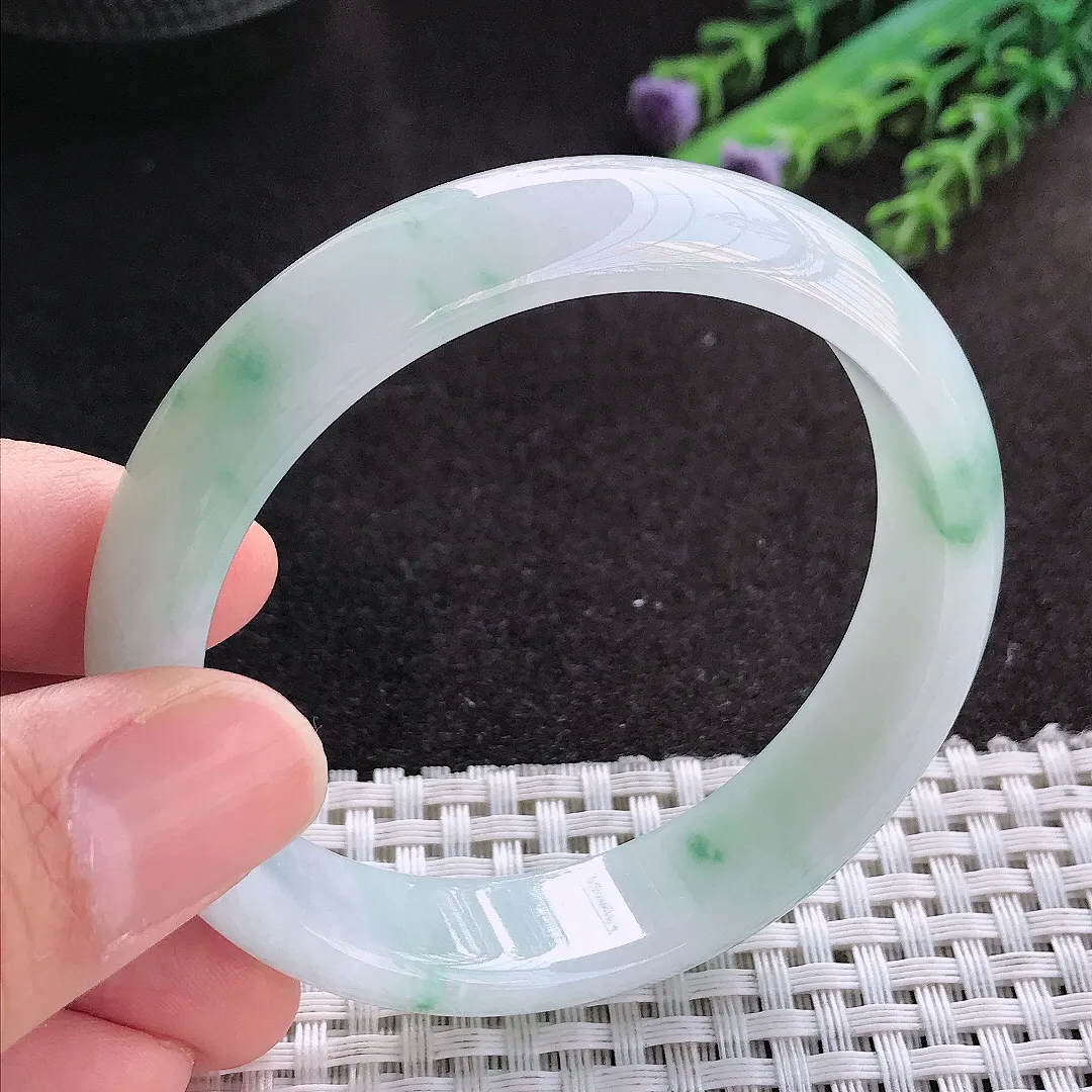 天然A货翡翠55/13.5/7.2老坑冰润水灵飘花手镯宽边玉镯