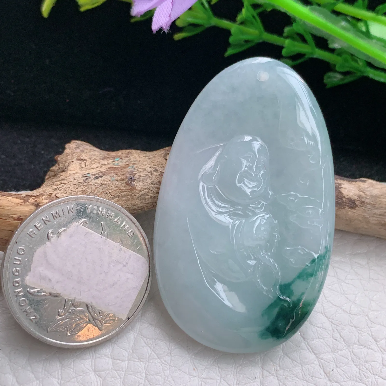 kh实拍50*30*6缅甸翡翠冰飘花开心佛 佛公玉项坠 玉挂件