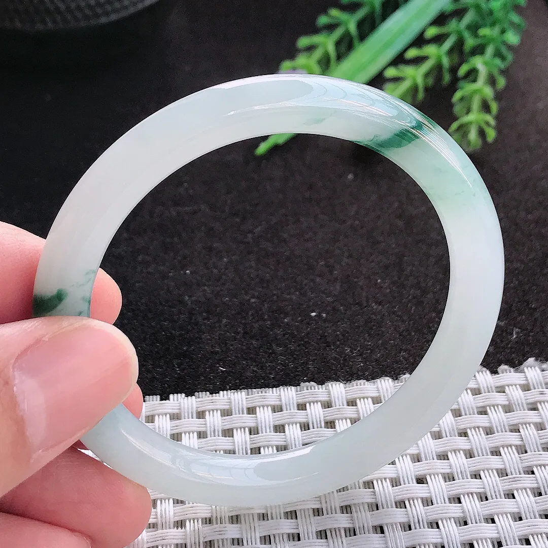 天然A货翡翠51.5/7.4/7.6老坑冰润起胶飘花圆条手镯小圈口细条玉镯