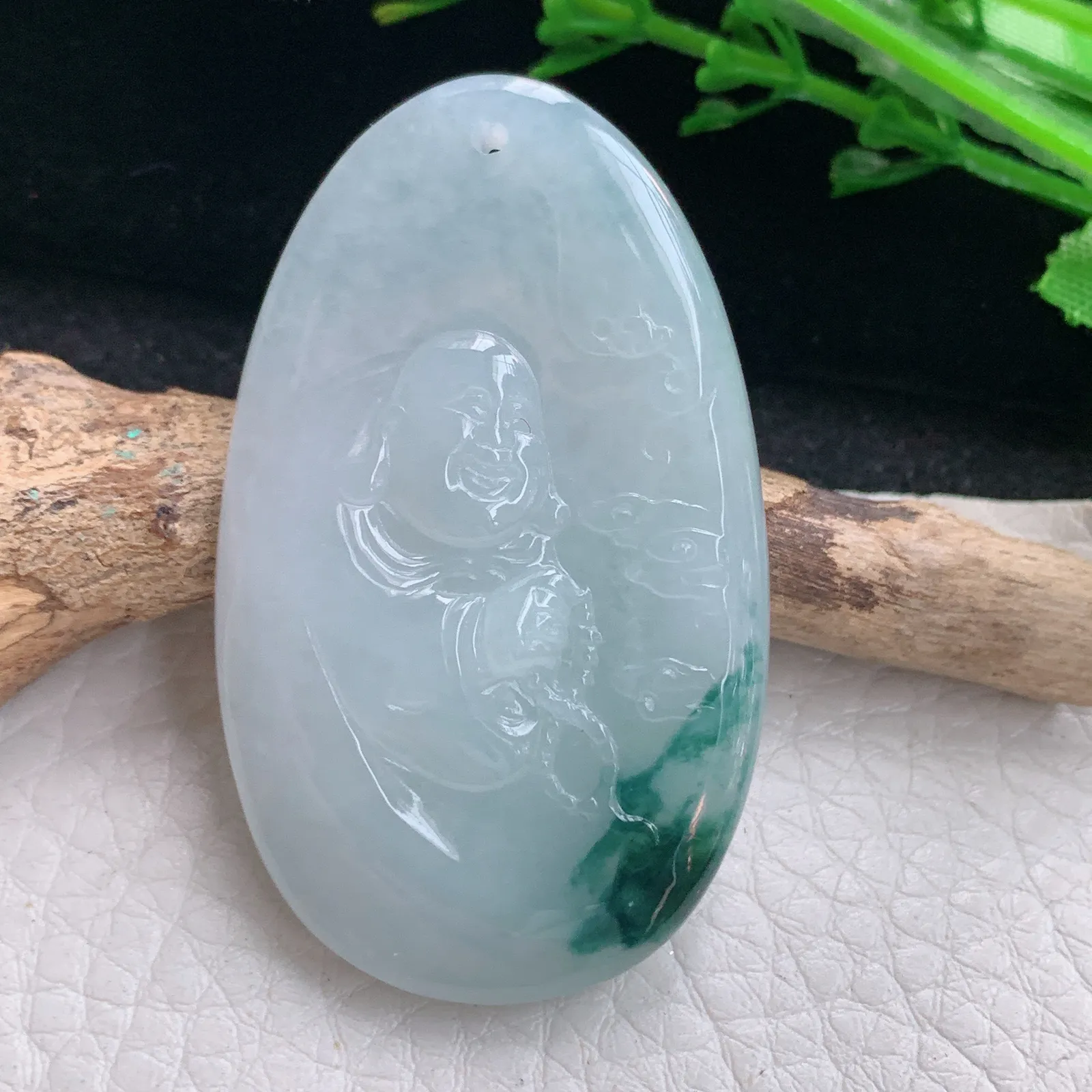 kh实拍50*30*6缅甸翡翠冰飘花开心佛 佛公玉项坠 玉挂件