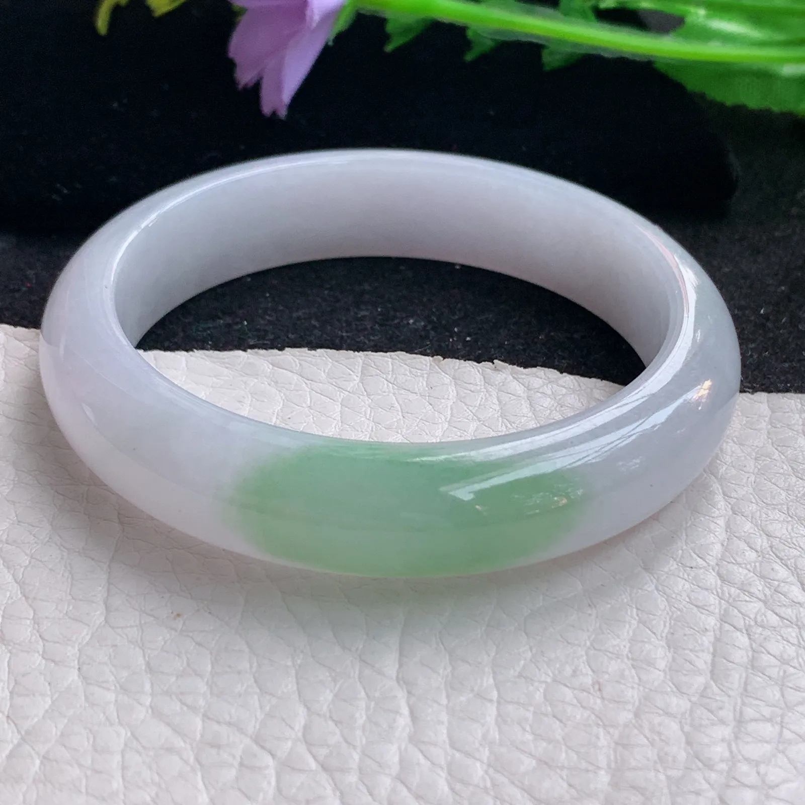 yh自然光55*12.8*7.8平安镯 缅甸翡翠a货玉手镯飘绿宽边玉手环