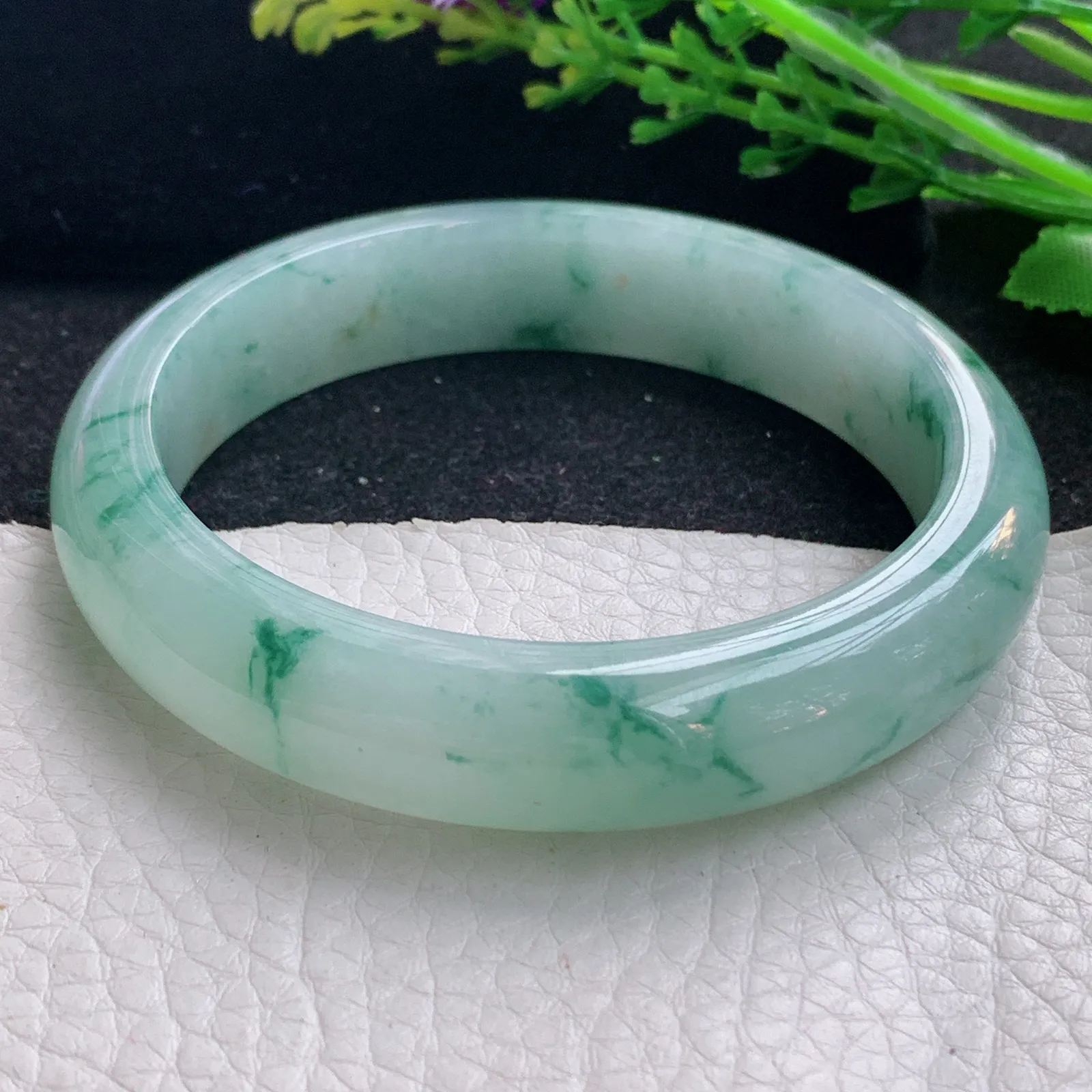 js自然光59.5*13.2*8.5平安镯 缅甸翡翠a货玉手镯冰飘花宽边玉手环