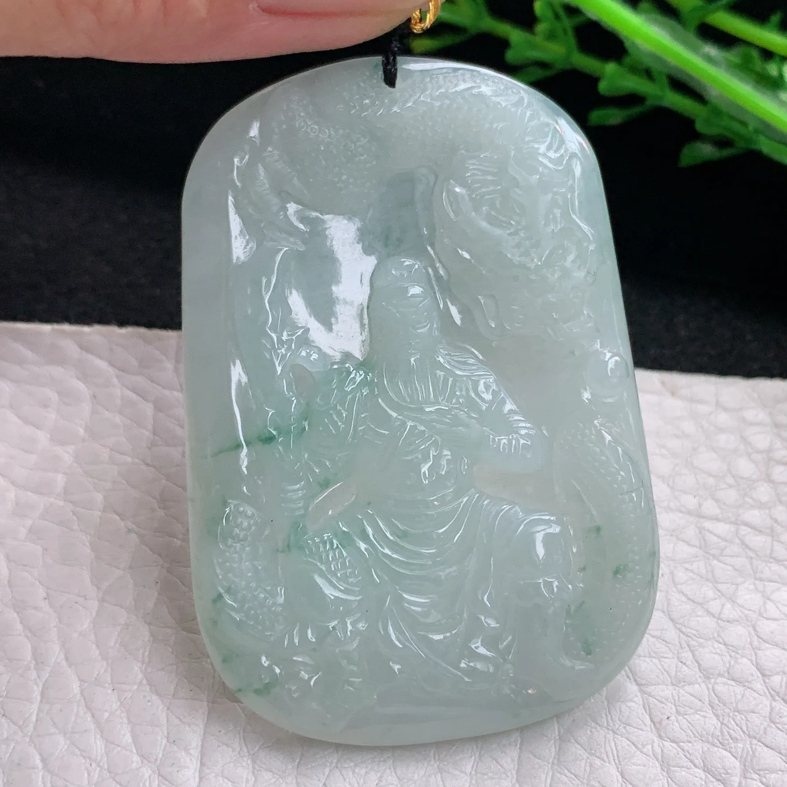 kh实拍57.8*39.5*5.2缅甸翡翠飘花御龙关公 玉观音玉吊坠 玉挂件