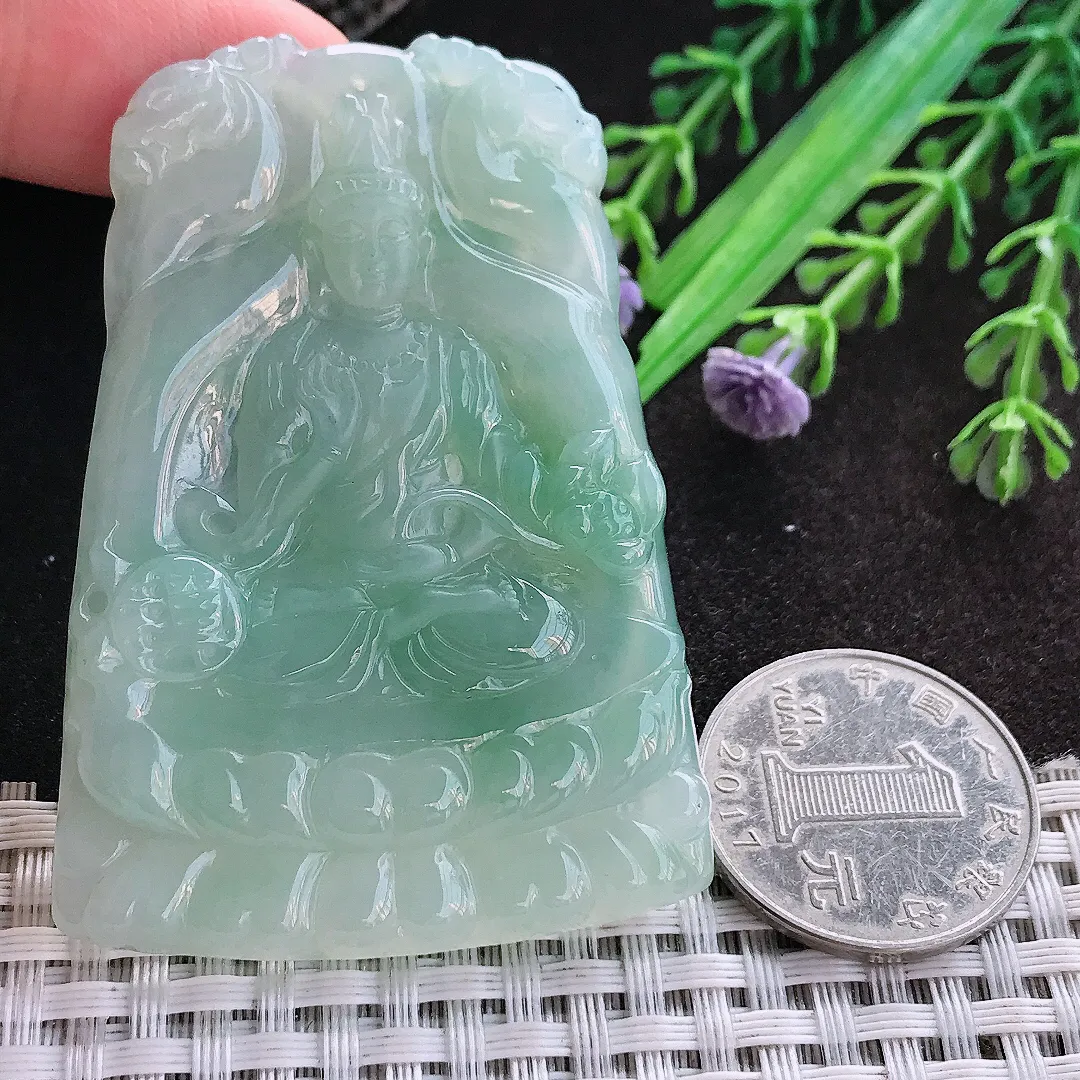 天然A货翡翠62/44.5/6老坑冰润起胶冰晴绿大势至菩萨吊坠翡翠玉挂件