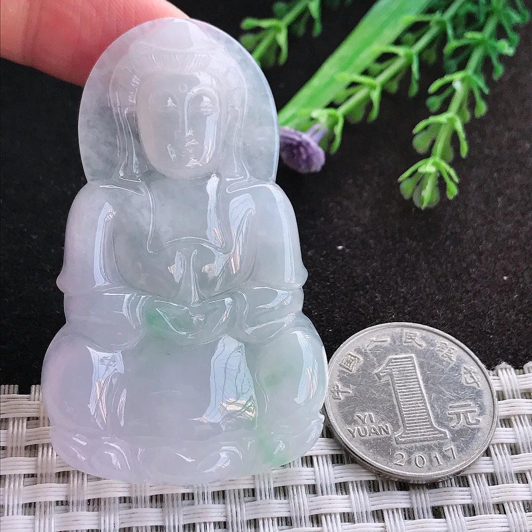 天然A货翡翠63/38.5/5.6老坑冰润起胶正装观音吊坠翡翠玉挂件