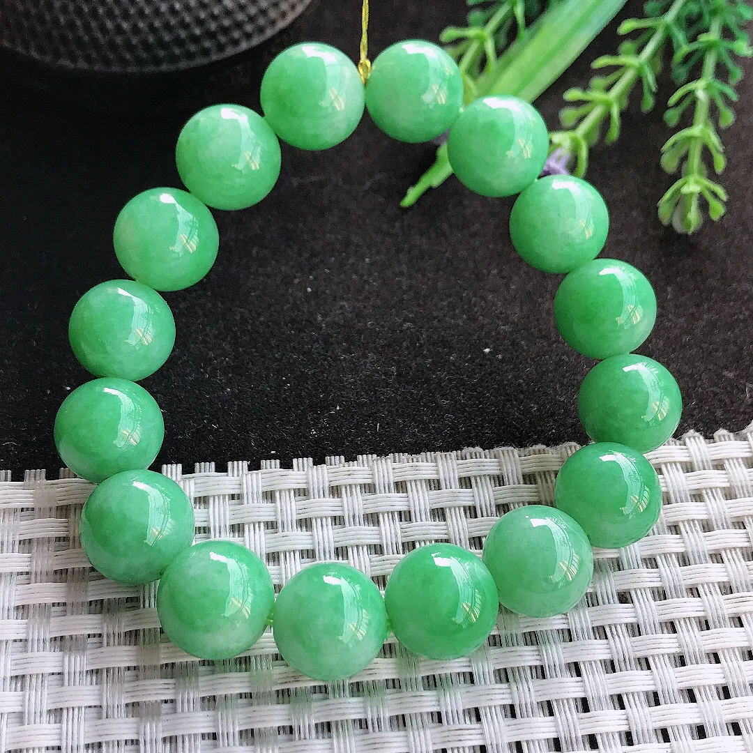 天然A货翡翠12.8/16颗老坑精美温润满阳绿苹果绿手链玉串
