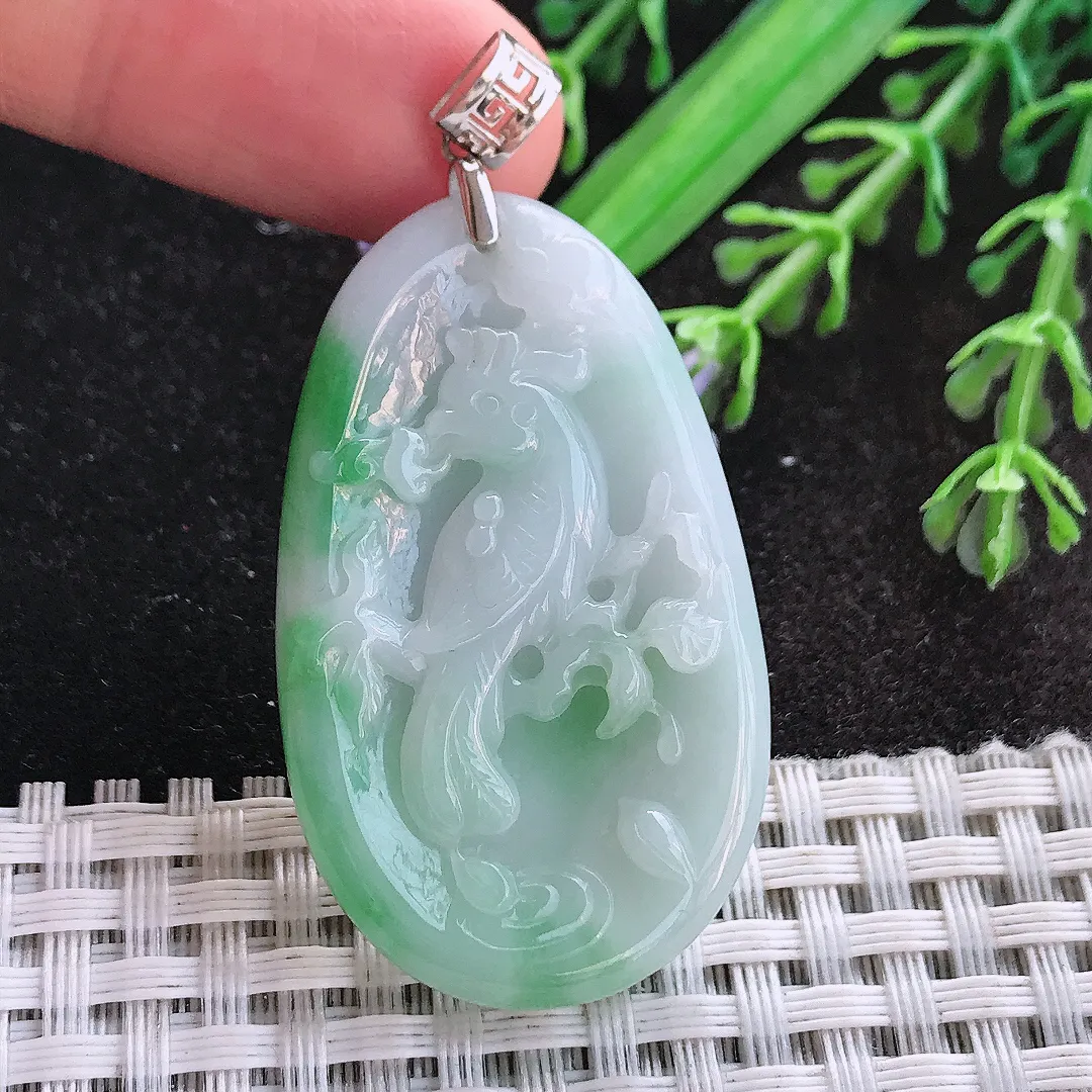 天然A货翡翠44/26.5/5.6老坑18k金镶嵌秀气飘绿鹦鹉吊坠翡翠玉喜上眉梢