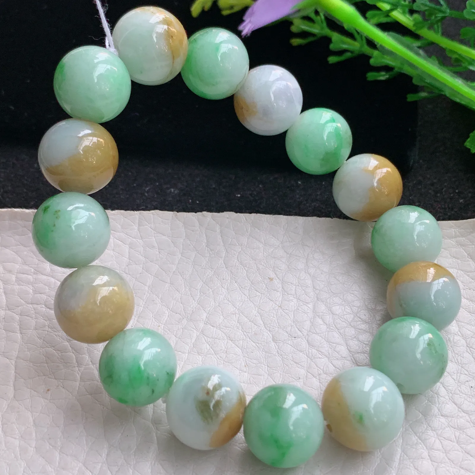 ss自然光13.3mm天然缅甸翡翠a货黄加绿水润圆珠玉手链  玉手串
