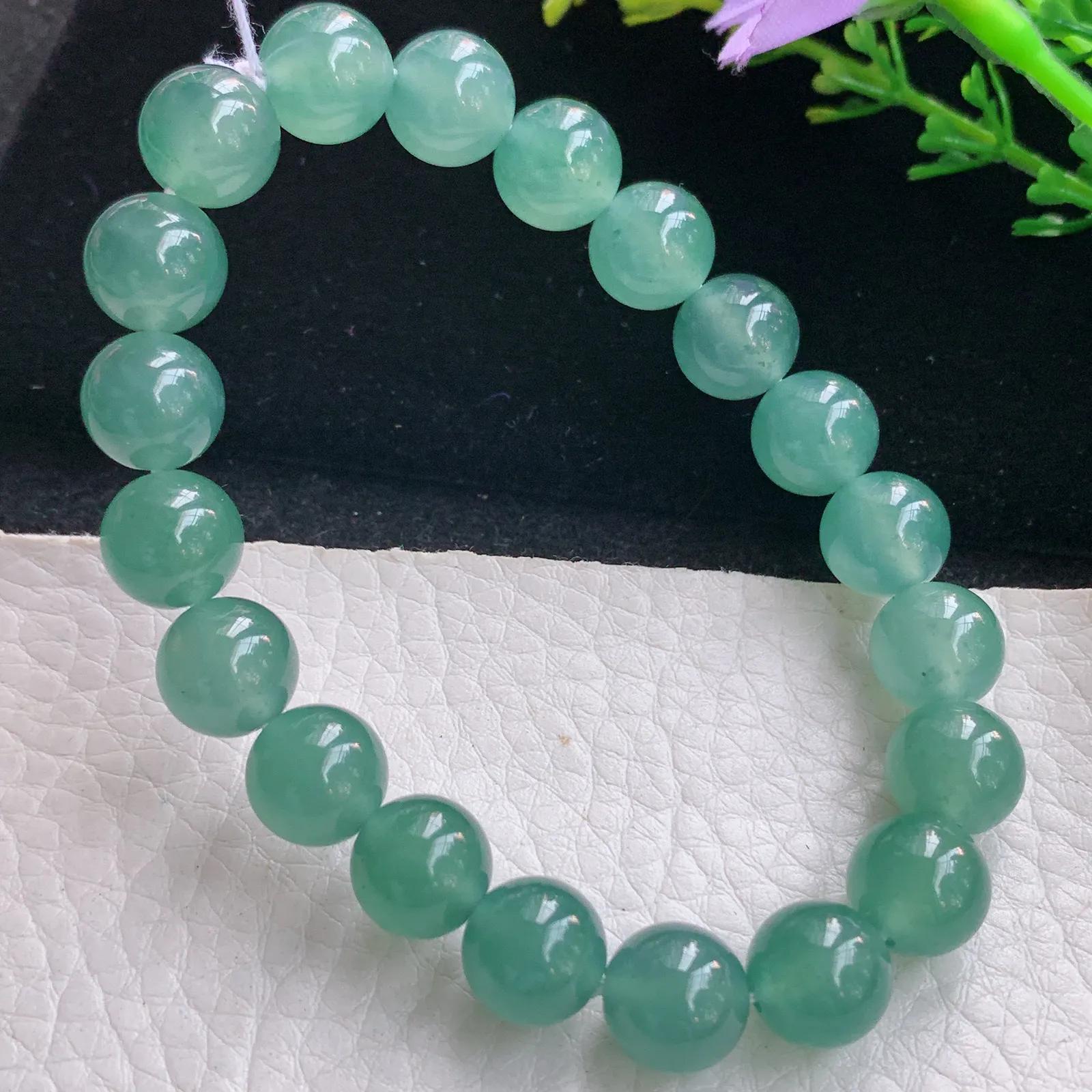 ss自然光9.8mm天然缅甸翡翠a货冰油湖水绿圆珠玉手链  玉手串