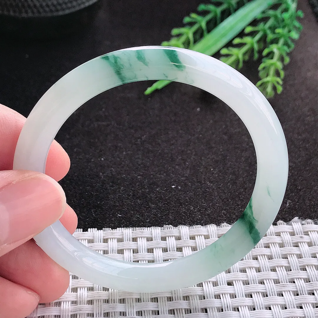 天然A货翡翠51.5/7.4/7.6老坑冰润起胶飘花圆条手镯小圈口细条玉镯