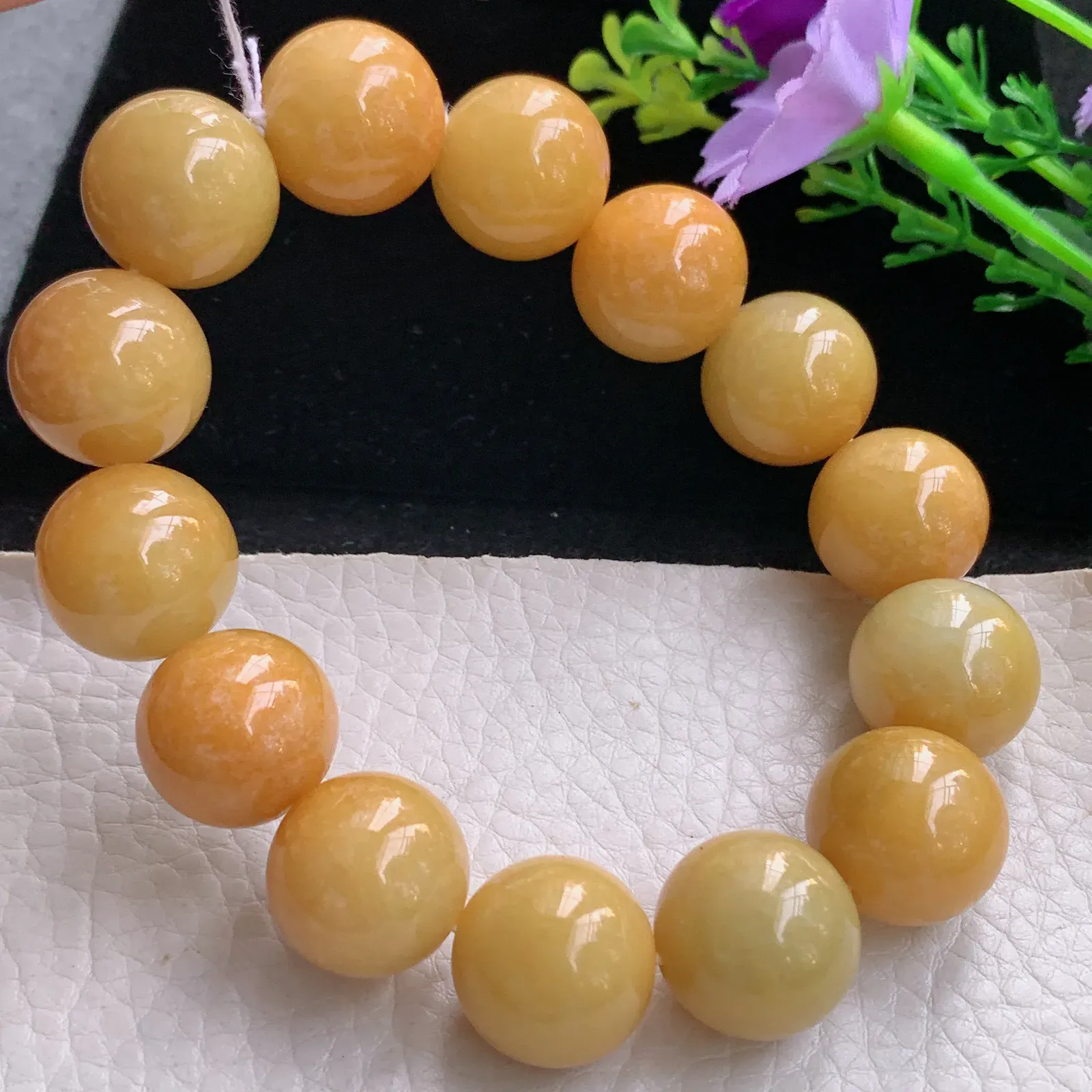 ss自然光16.3mm天然缅甸翡翠a货大颗粒黄翡水润圆珠玉手链  玉手串