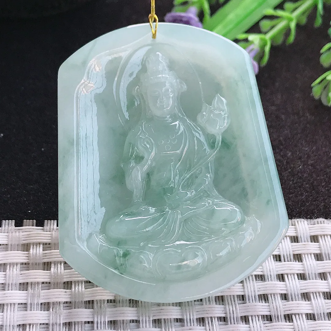 天然A货翡翠53.6/43.8/6老坑秀气温润飘花大势至菩萨吊坠翡翠玉挂件
