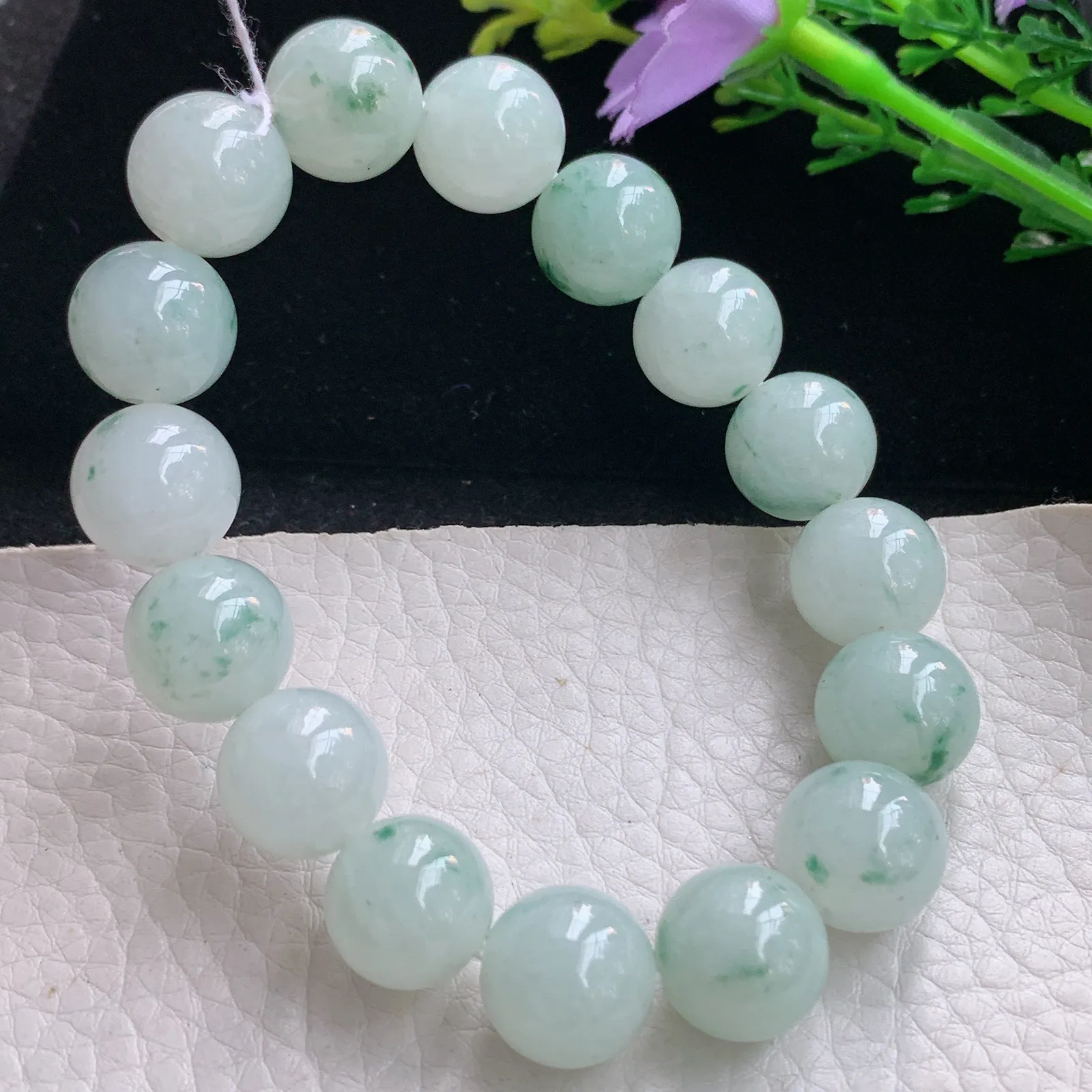 ss自然光12.6mm天然缅甸翡翠a货冰飘花圆珠玉手链  玉手串