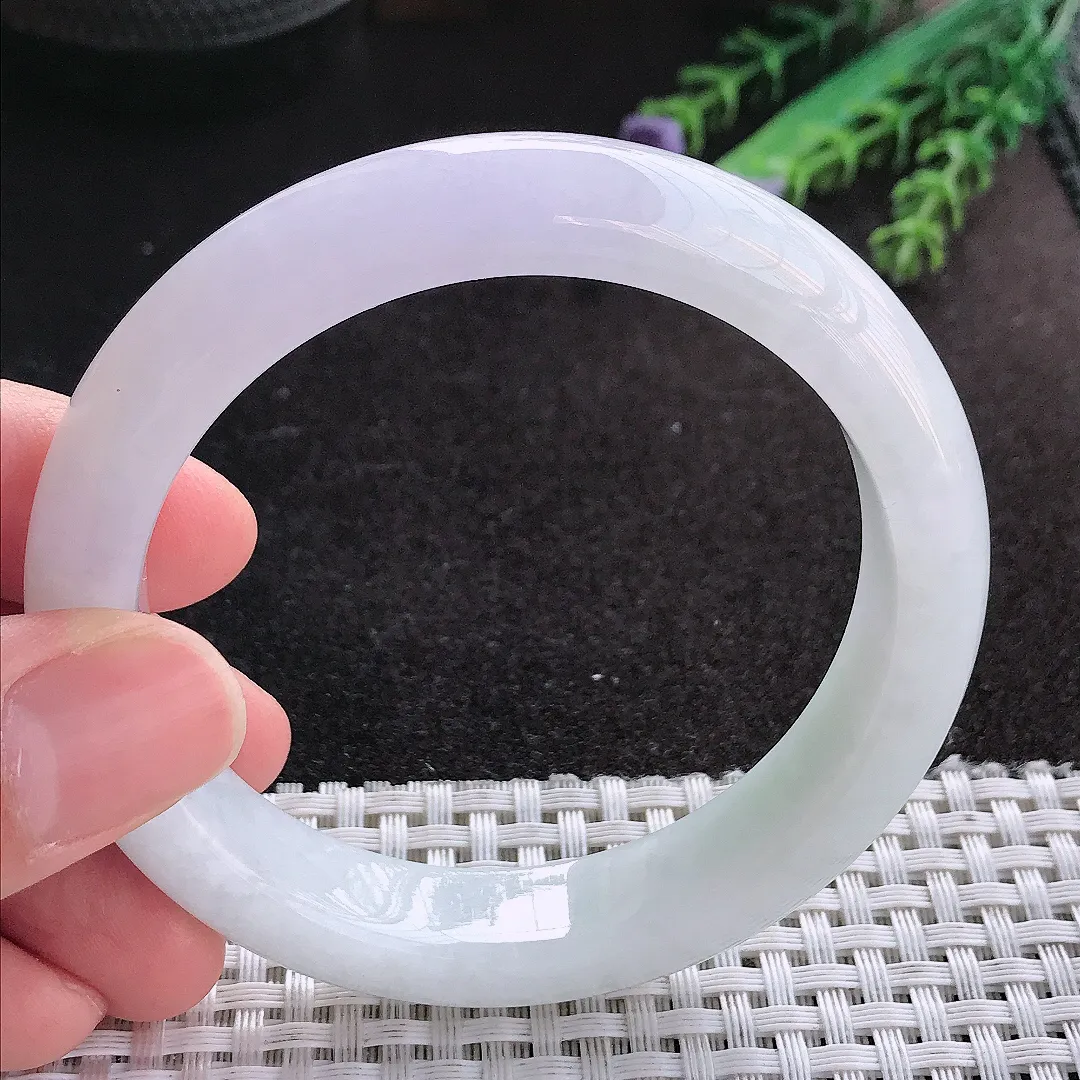 天然A货翡翠57/12.6/8.8老坑冰润起胶浅色紫罗兰手镯宽边玉镯