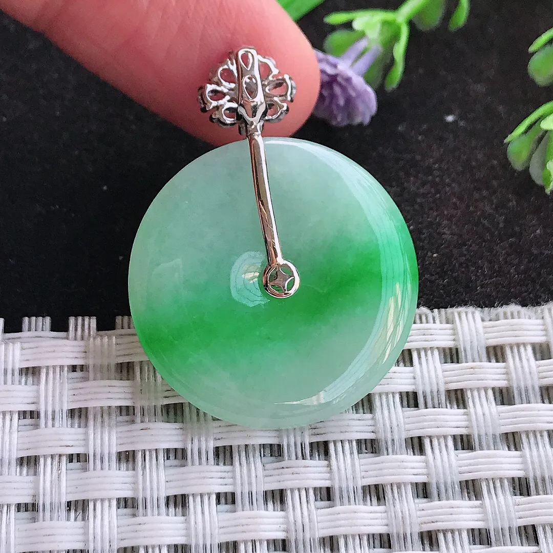 天然A货翡翠25.1/4老坑18k金镶嵌冰润飘阳绿平安扣吊坠翡翠玉挂件