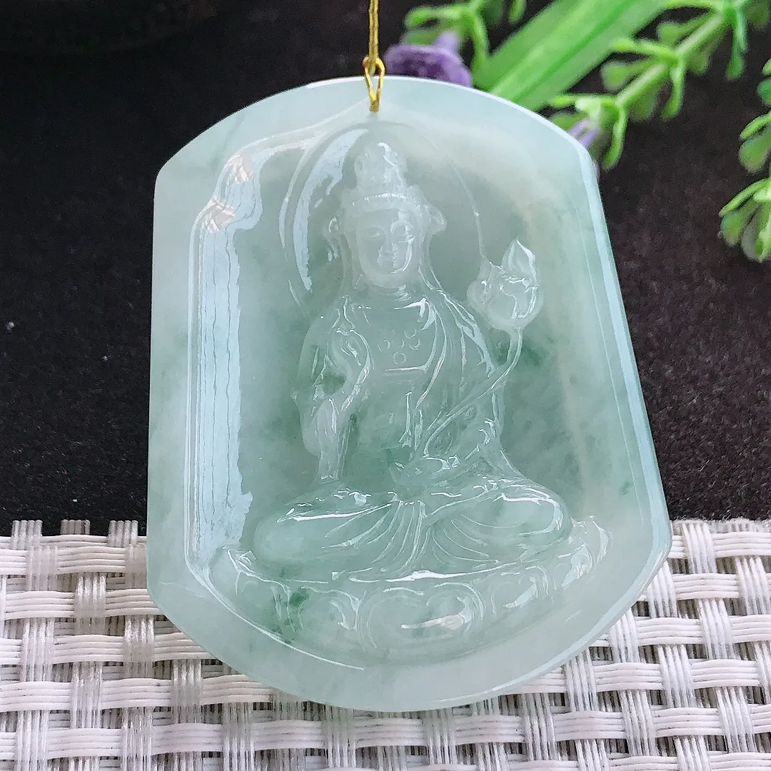 天然A货翡翠53.6/43.8/6老坑秀气温润飘花大势至菩萨吊坠翡翠玉挂件