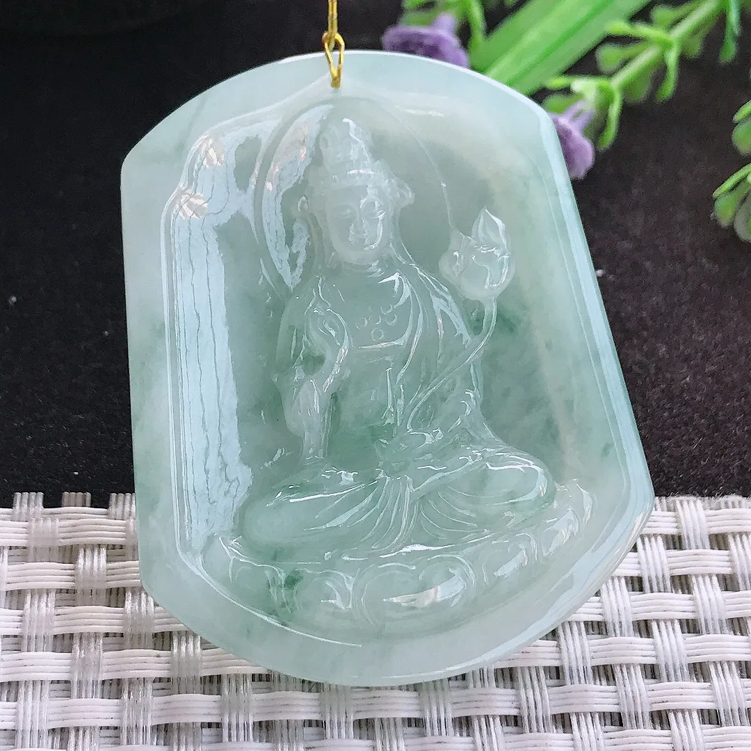 天然A货翡翠53.6/43.8/6老坑秀气温润飘花大势至菩萨吊坠翡翠玉挂件