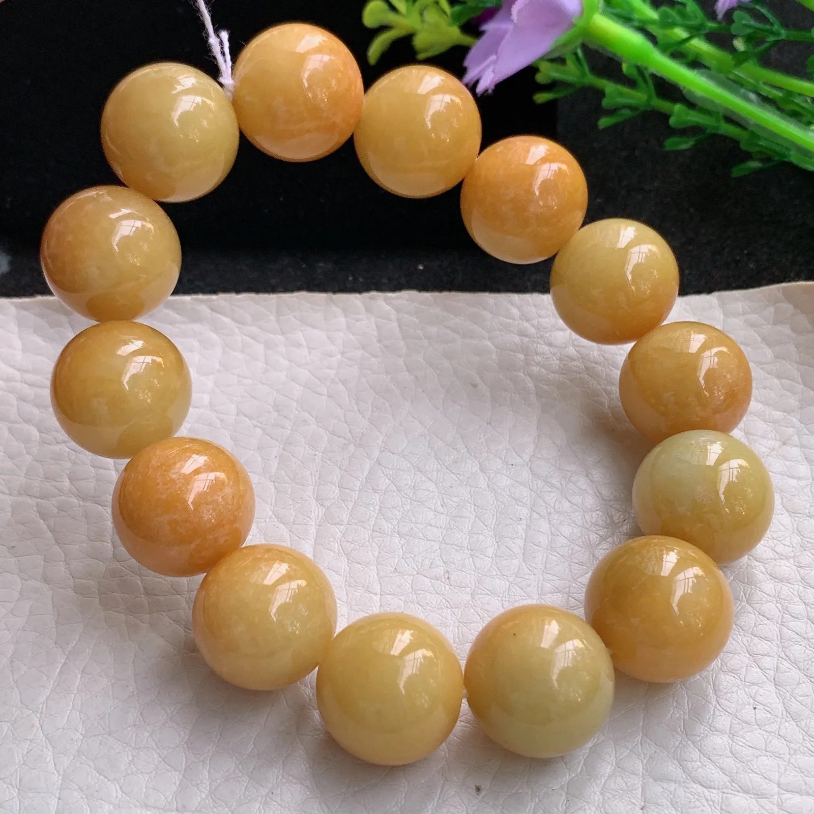 ss自然光16.3mm天然缅甸翡翠a货大颗粒黄翡水润圆珠玉手链  玉手串