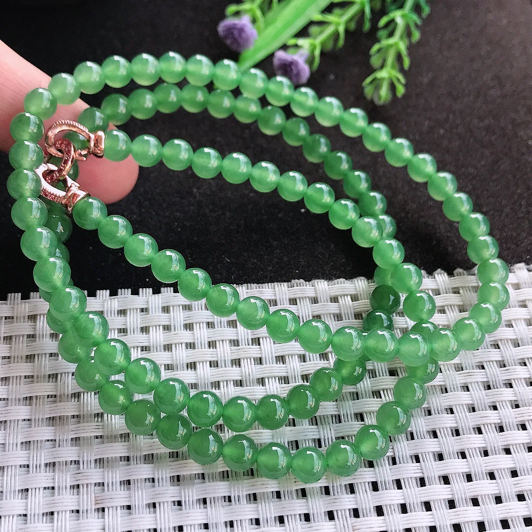 天然A货翡翠6/108颗老坑冰种果冻胶冰阳绿圆珠项链