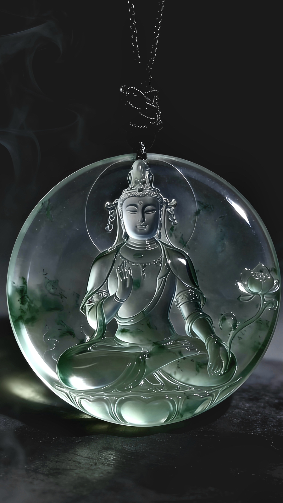 【观自在·妙法莲华】，观音菩萨，
缅甸天然A货翡翠料子，
作品48.6-48.6-6.5mm，