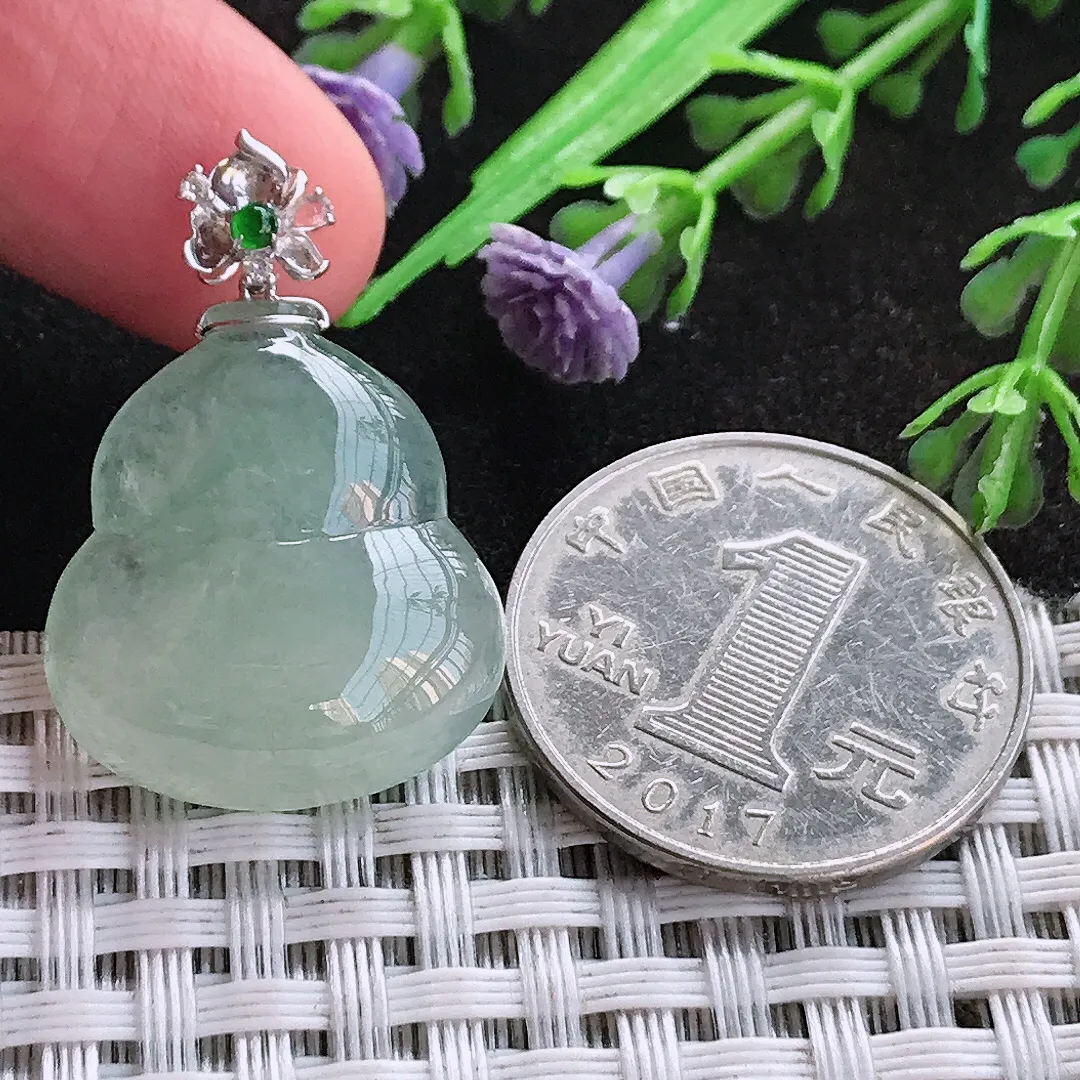 天然A货翡翠23/20.7/6.1老坑18k金镶嵌冰透起胶冰晴绿葫芦吊坠翡翠玉挂件