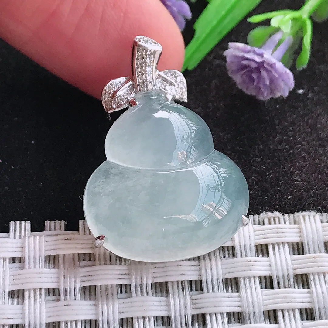 天然A货翡翠26.7/19.5/8.3老坑18k金镶嵌冰种葫芦吊坠翡翠玉挂件