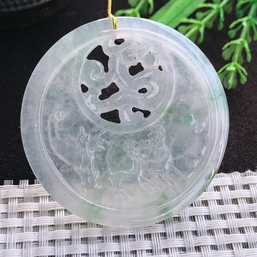 天然A货翡翠54.7/6老坑冰透果冻胶镂空连年有余吊坠翡翠玉挂件