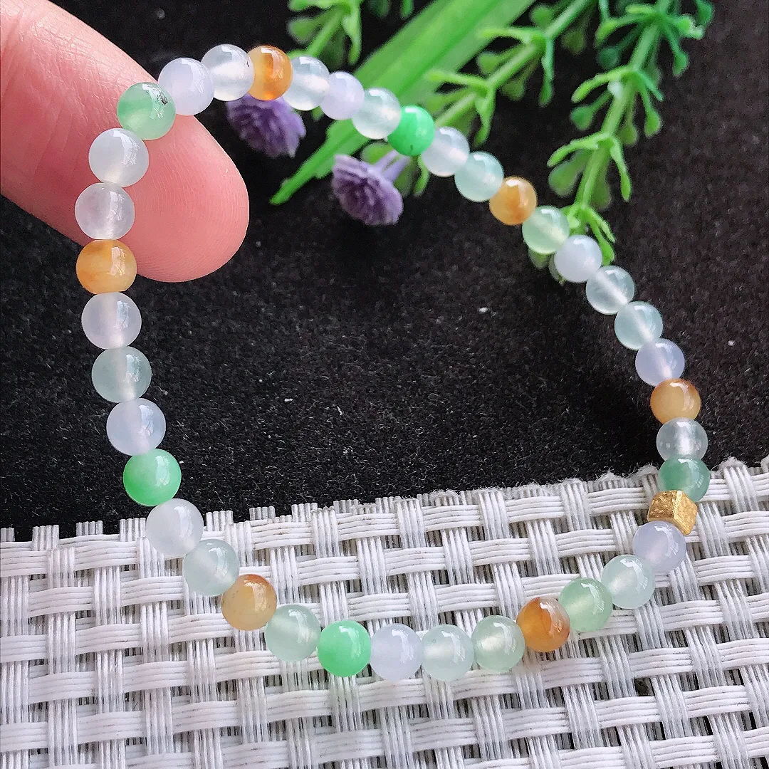 天然A货翡翠4.8/38颗老坑冰透起胶三彩小米珠手链玉珠手串