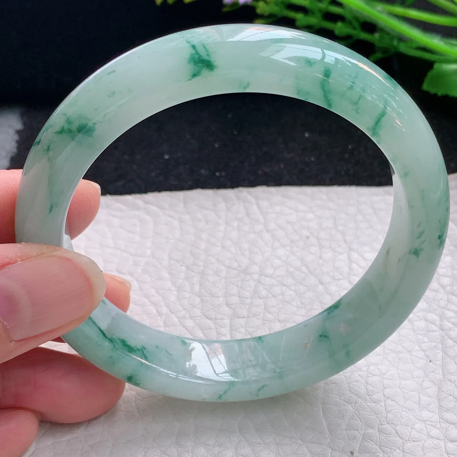 js自然光59.5*13.2*8.5平安镯 缅甸翡翠a货玉手镯冰飘花宽边玉手环