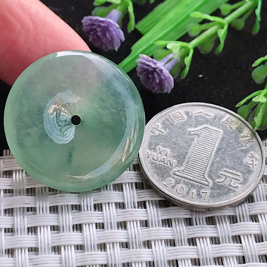 天然A货翡翠26.8/4.7老坑冰种果冻胶冰晴绿平安扣吊坠翡翠玉挂件